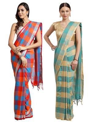 Multicolor woven blended cotton saree with blouse 1