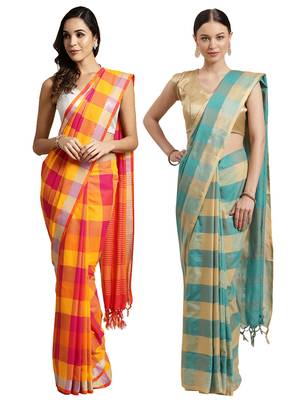 Multicolor woven blended cotton saree with blouse 1
