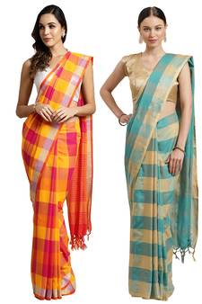 Multicolor woven blended cotton saree with blouse
