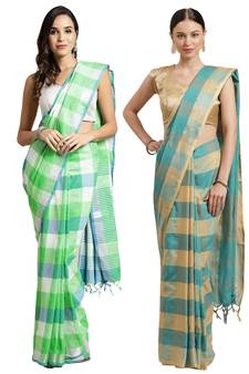 Multicolor woven blended cotton saree with blouse