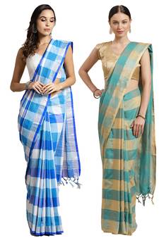 Multicolor woven blended cotton saree with blouse