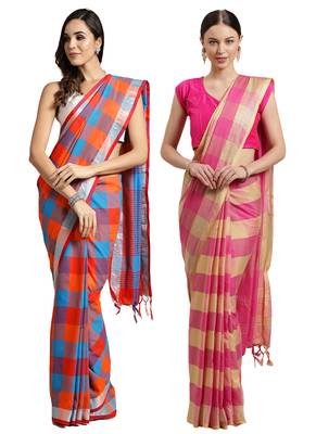 Multicolor woven blended cotton saree with blouse 1