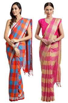 Multicolor woven blended cotton saree with blouse