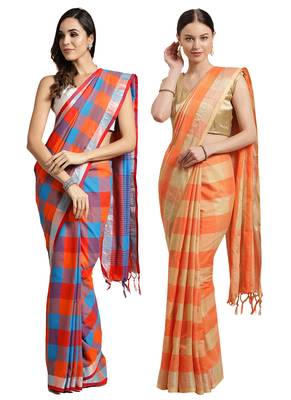Multicolor woven blended cotton saree with blouse 1