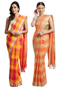 Multicolor woven blended cotton saree with blouse