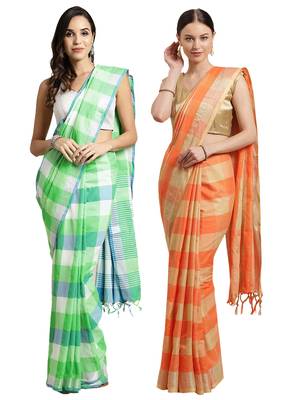 Multicolor woven blended cotton saree with blouse 1