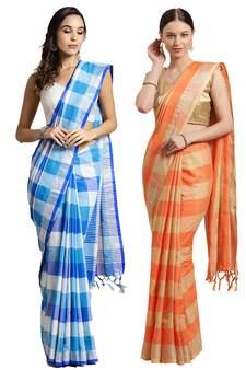 Multicolor woven blended cotton saree with blouse