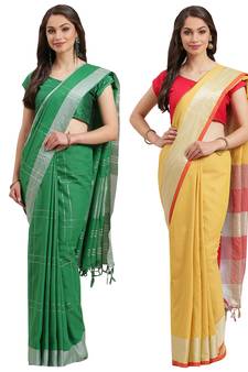 Multicolor woven blended cotton saree with blouse