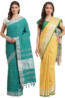 Multicolor woven blended cotton saree with blouse