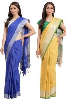 Multicolor woven blended cotton saree with blouse