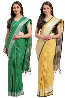 Multicolor woven blended cotton saree with blouse