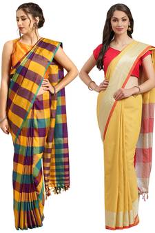 Multicolor woven blended cotton saree with blouse