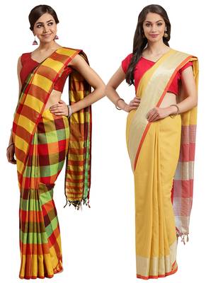Multicolor woven blended cotton saree with blouse 1