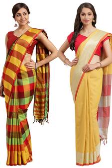 Multicolor woven blended cotton saree with blouse