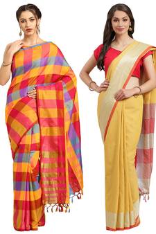 Multicolor woven blended cotton saree with blouse