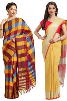 Multicolor woven blended cotton saree with blouse