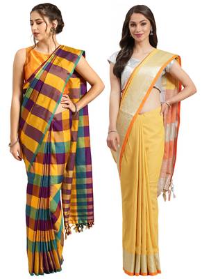 Multicolor woven blended cotton saree with blouse 1