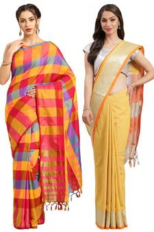 Multicolor woven blended cotton saree with blouse