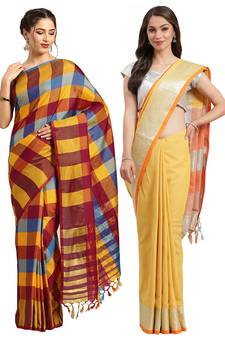 Multicolor woven blended cotton saree with blouse