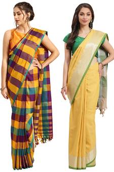 Multicolor woven blended cotton saree with blouse