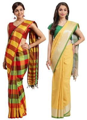 Multicolor woven blended cotton saree with blouse 1