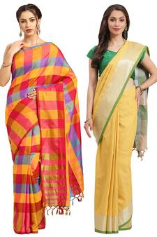 Multicolor woven blended cotton saree with blouse