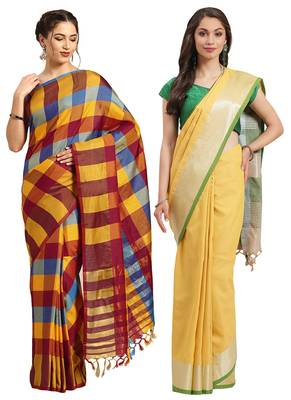 Multicolor woven blended cotton saree with blouse 1