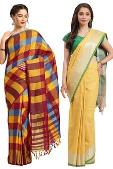Multicolor woven blended cotton saree with blouse