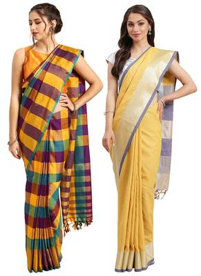 Multicolor woven blended cotton saree with blouse 1
