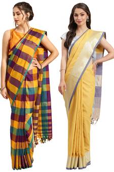 Multicolor woven blended cotton saree with blouse