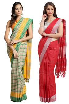 Multicolor woven blended cotton saree with blouse