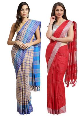 Multicolor woven blended cotton saree with blouse 1