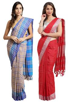 Multicolor woven blended cotton saree with blouse