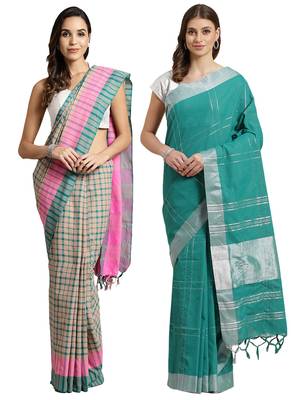 Multicolor woven blended cotton saree with blouse 1