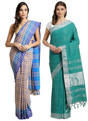 Multicolor woven blended cotton saree with blouse 1