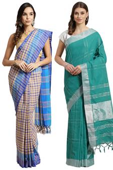 Multicolor woven blended cotton saree with blouse