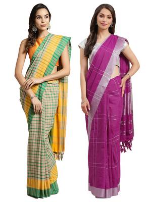 Multicolor woven blended cotton saree with blouse 1
