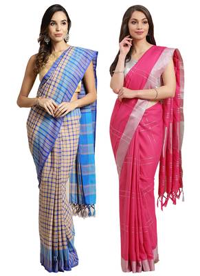 Multicolor woven blended cotton saree with blouse 1