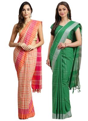 Multicolor woven blended cotton saree with blouse 1