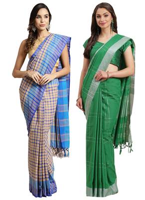 Multicolor woven blended cotton saree with blouse 1