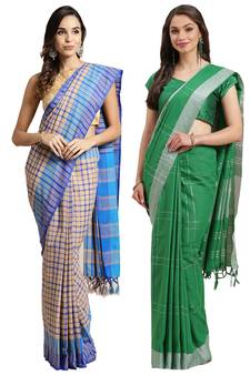 Multicolor woven blended cotton saree with blouse