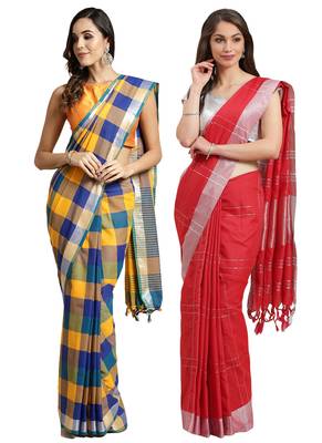 Multicolor woven blended cotton saree with blouse 1