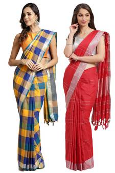 Multicolor woven blended cotton saree with blouse