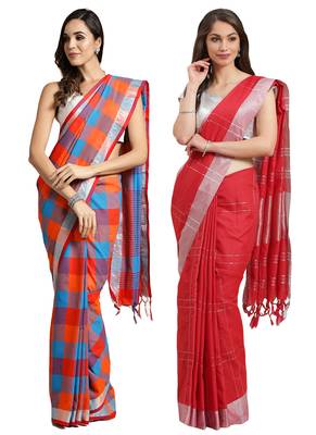 Multicolor woven blended cotton saree with blouse 1