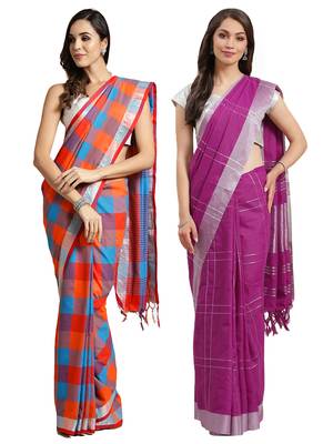 Multicolor woven blended cotton saree with blouse 1