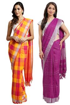 Multicolor woven blended cotton saree with blouse