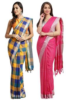 Multicolor woven blended cotton saree with blouse