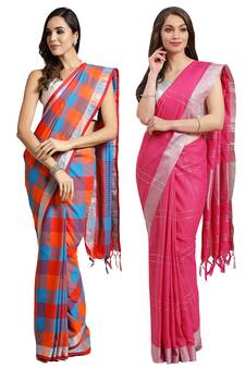 Multicolor woven blended cotton saree with blouse