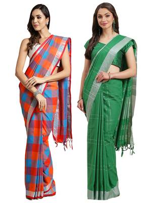 Multicolor woven blended cotton saree with blouse 1
