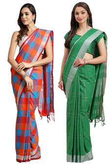 Multicolor woven blended cotton saree with blouse